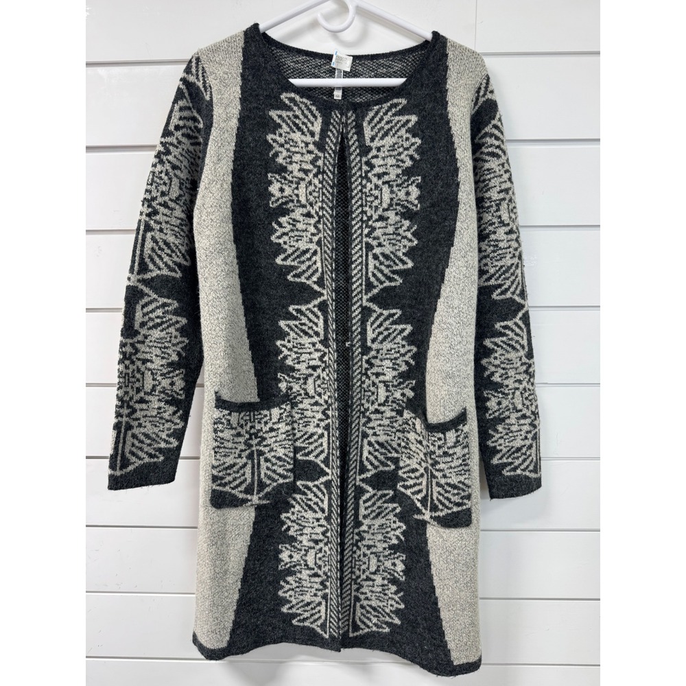 Mondrello Womens Geometric Intarsia Knit Open Front Longline Cardigan Grey Med